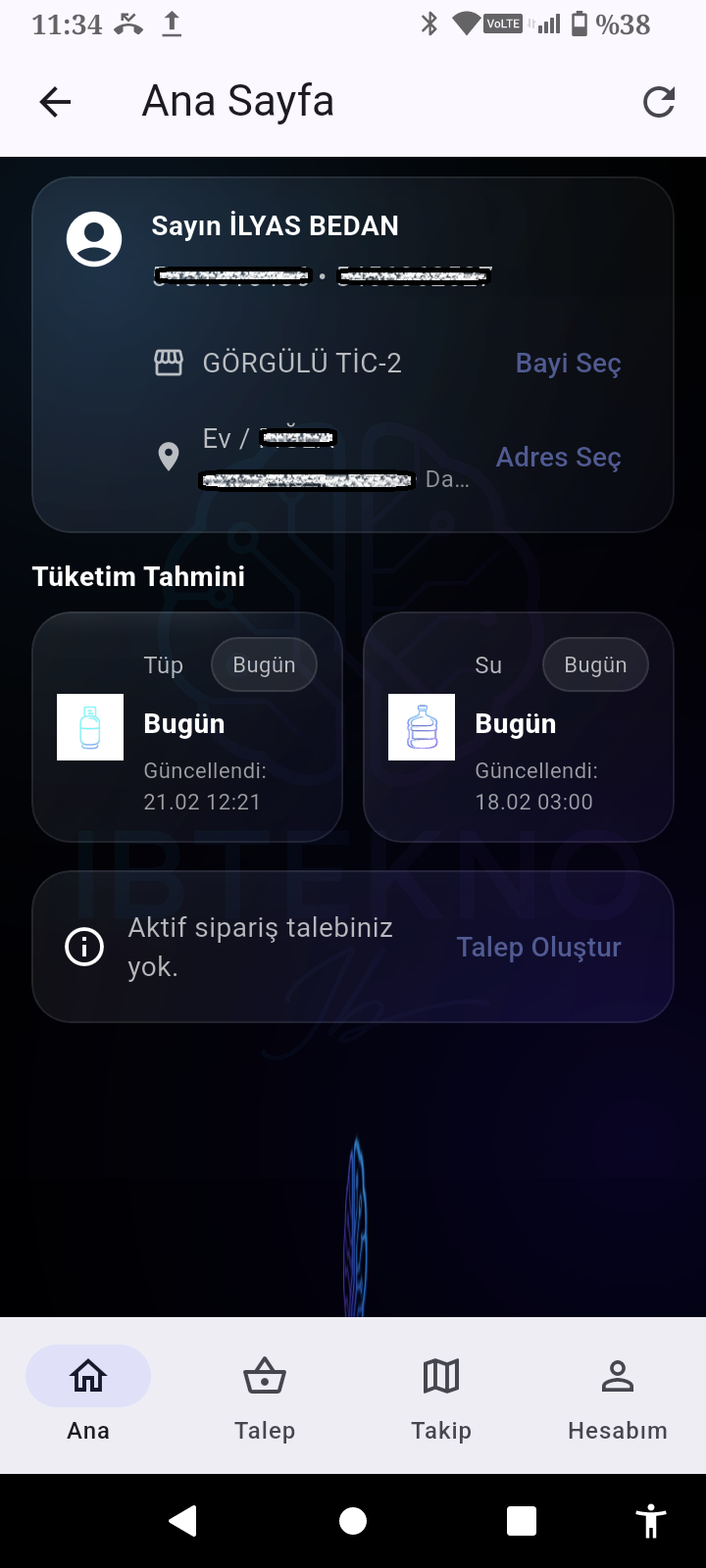 IBTEKNO mobil uygulama ana ekranı ve tüketim tahmini görünümü