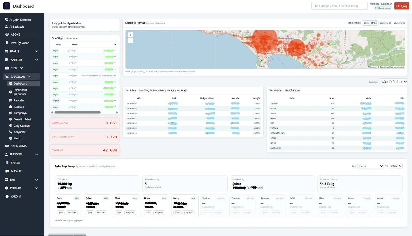 IBTEKNO ERP tüp ve su dağıtım operasyon ekranı