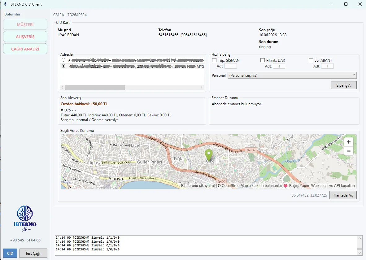 IBTEKNO ERP CID Caller ID müşteri ekranı